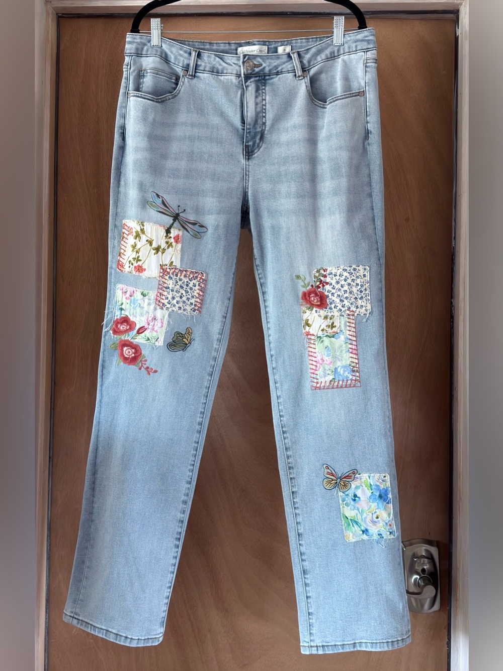 Coldwater Creek Patchwork Jeans Stretch Boho Artsy Embroidered Denim Women’s 14